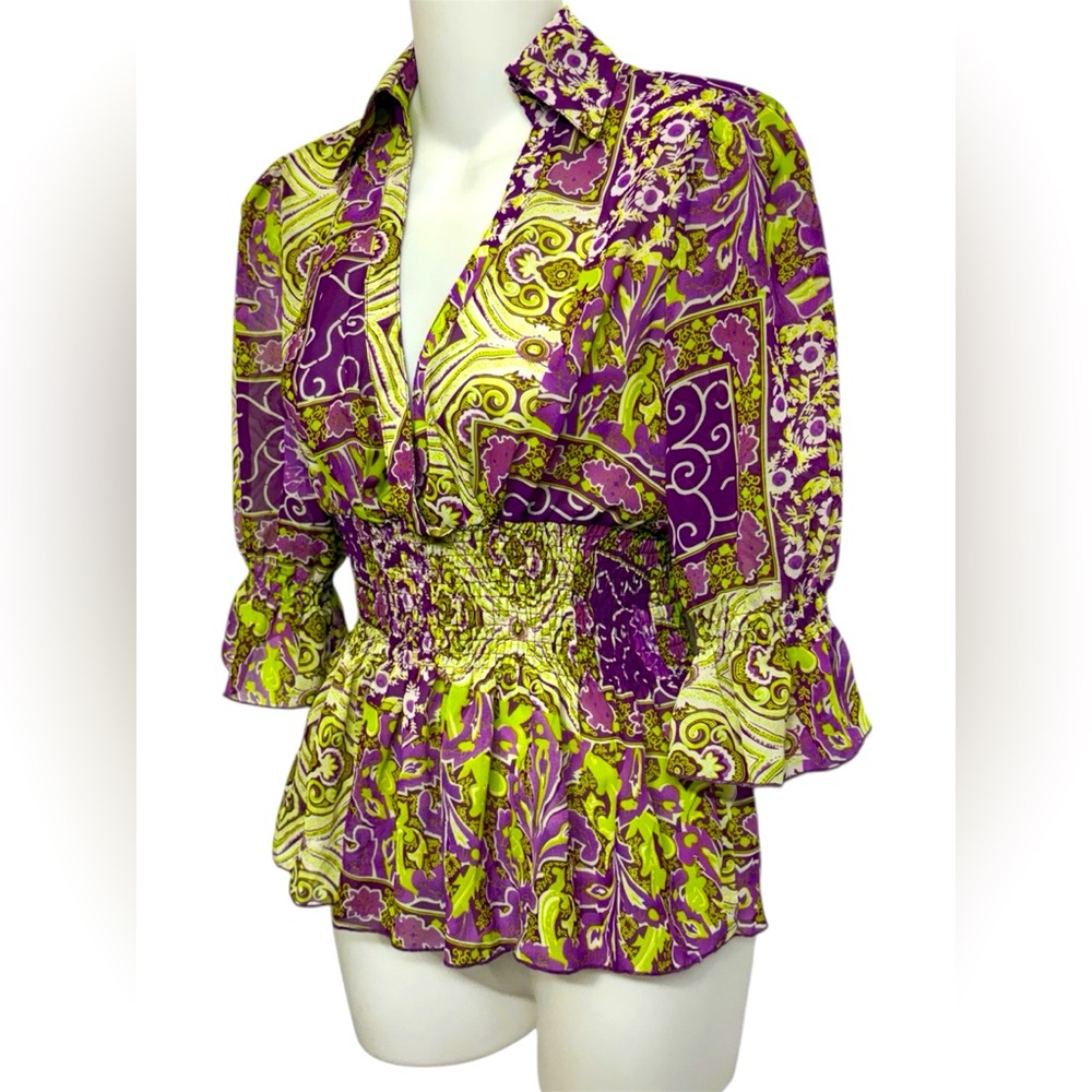 Vintage Y2K Dots Women’s Purple & Lime Blouse Size S